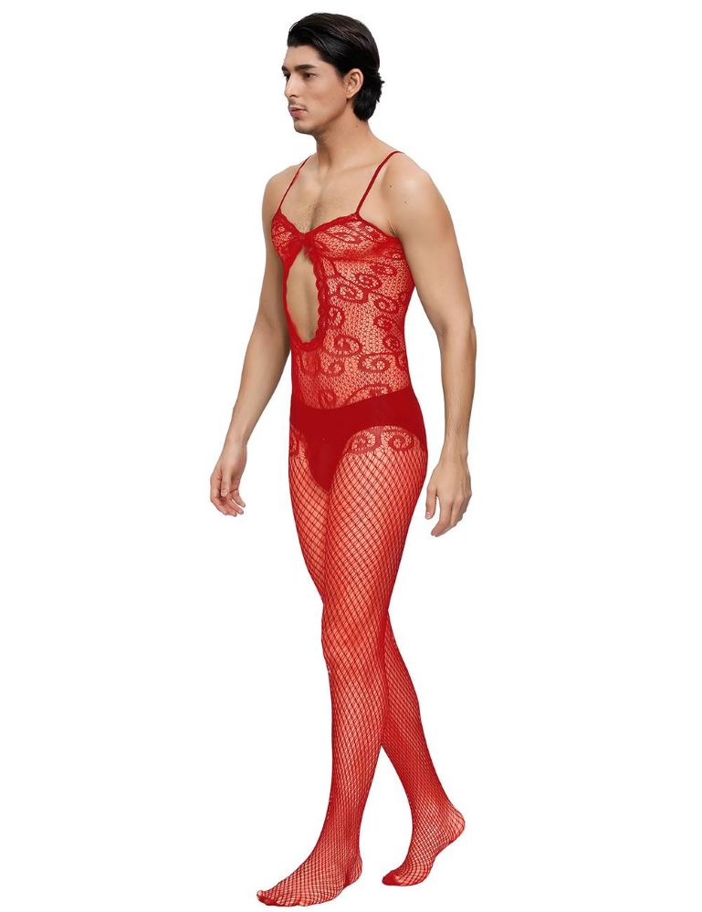 MP159 Sexy Red Crocheted Fishnet Bodystockings For Men